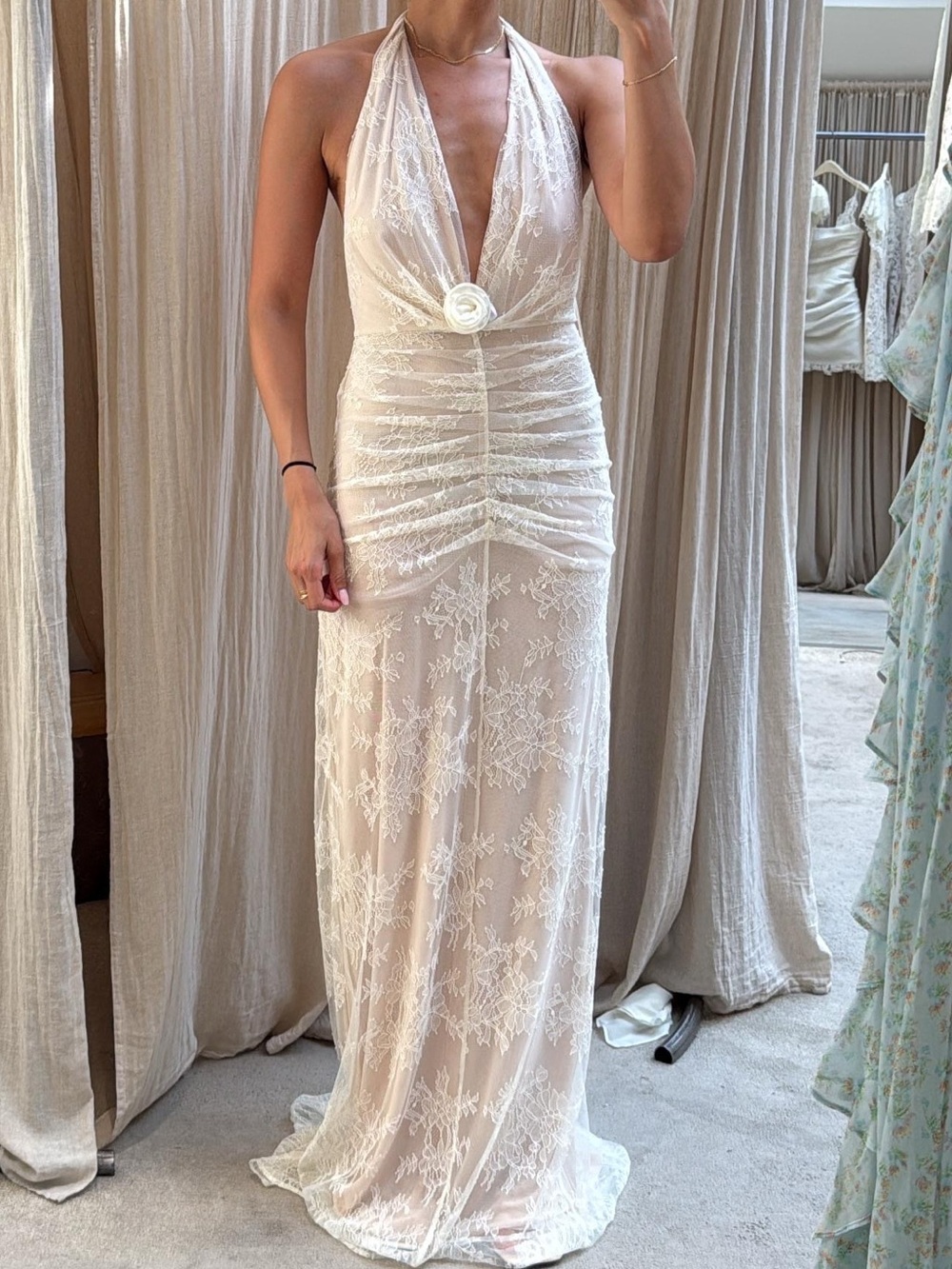 Ivory Halter Lace Maxi Dress with Rosette Waist